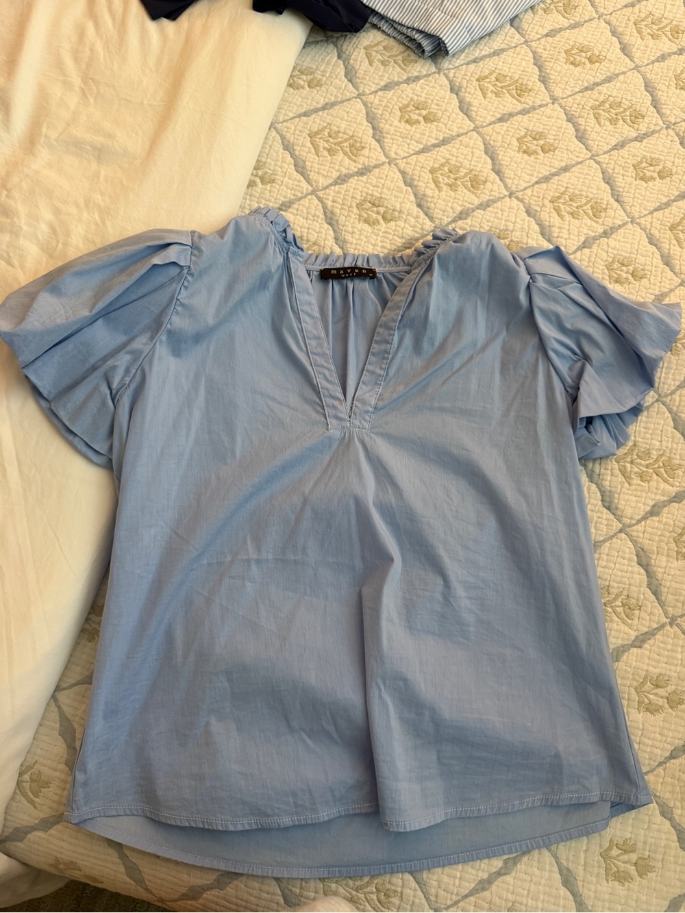 Maven West Light Blue Puff Sleeve V-Neck Blouse